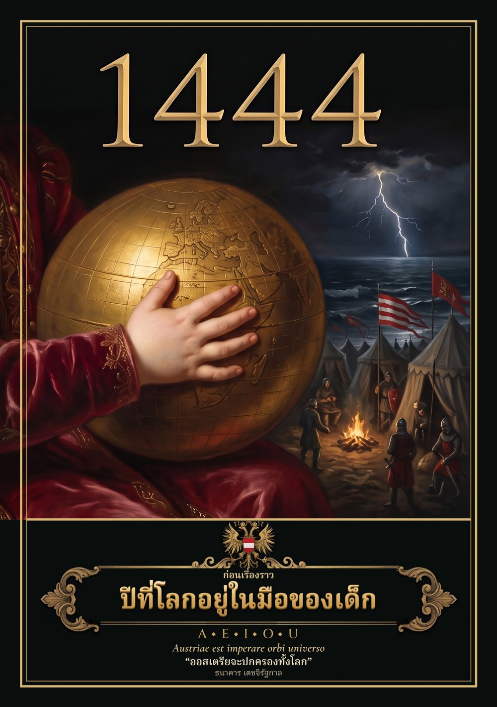 ปกหนังสือ 1444 ก่อนเรื่องราว ปีที่โลกอยู่ในมือของเด็ก มือเด็กกำลูกโลกทองคำ ฟ้าแลบเหนือค่ายทัพครูเสดริมทะเลดำ